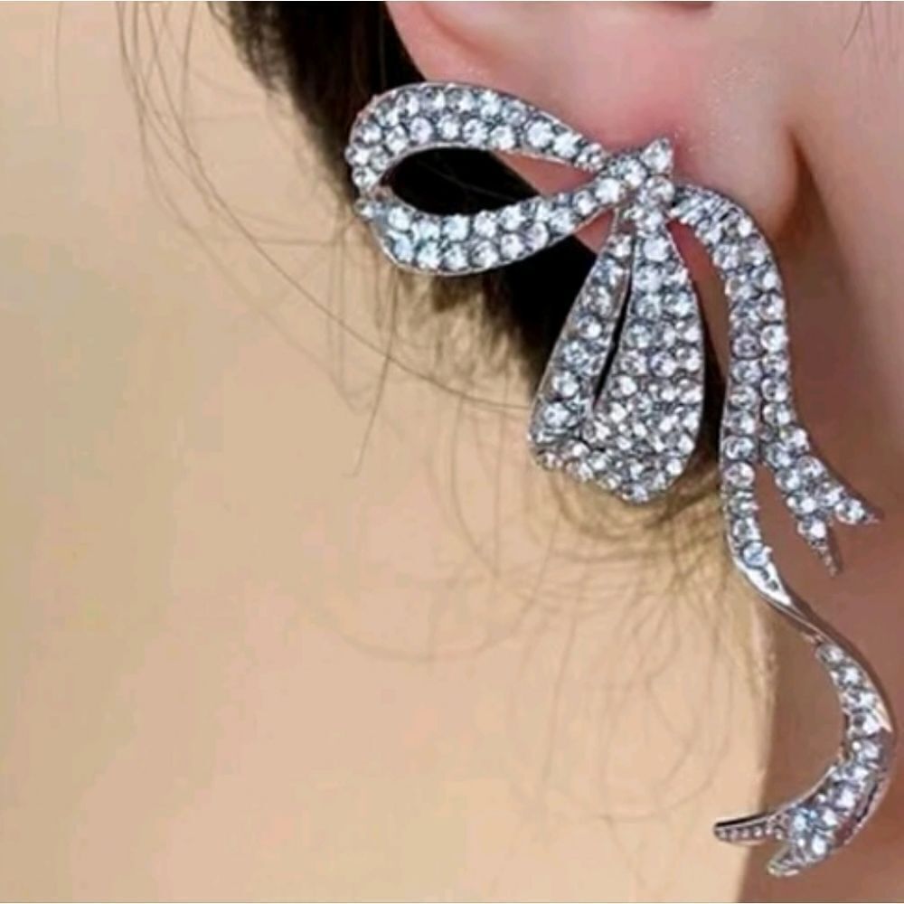 Silver Rhinestone Bow Drop Earrings - Picture 2 of 4